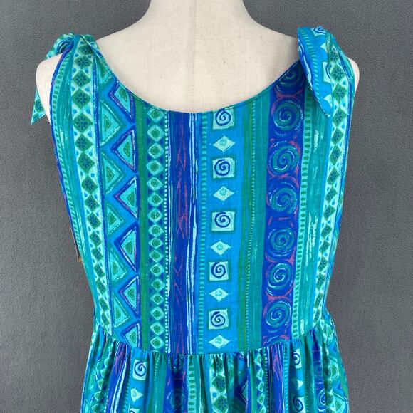 Vtg 80s 90s Two Potato Blue Artsy Midi Tiered Tie Shoulder Dress M Resort Wear - Picture 6 of 16